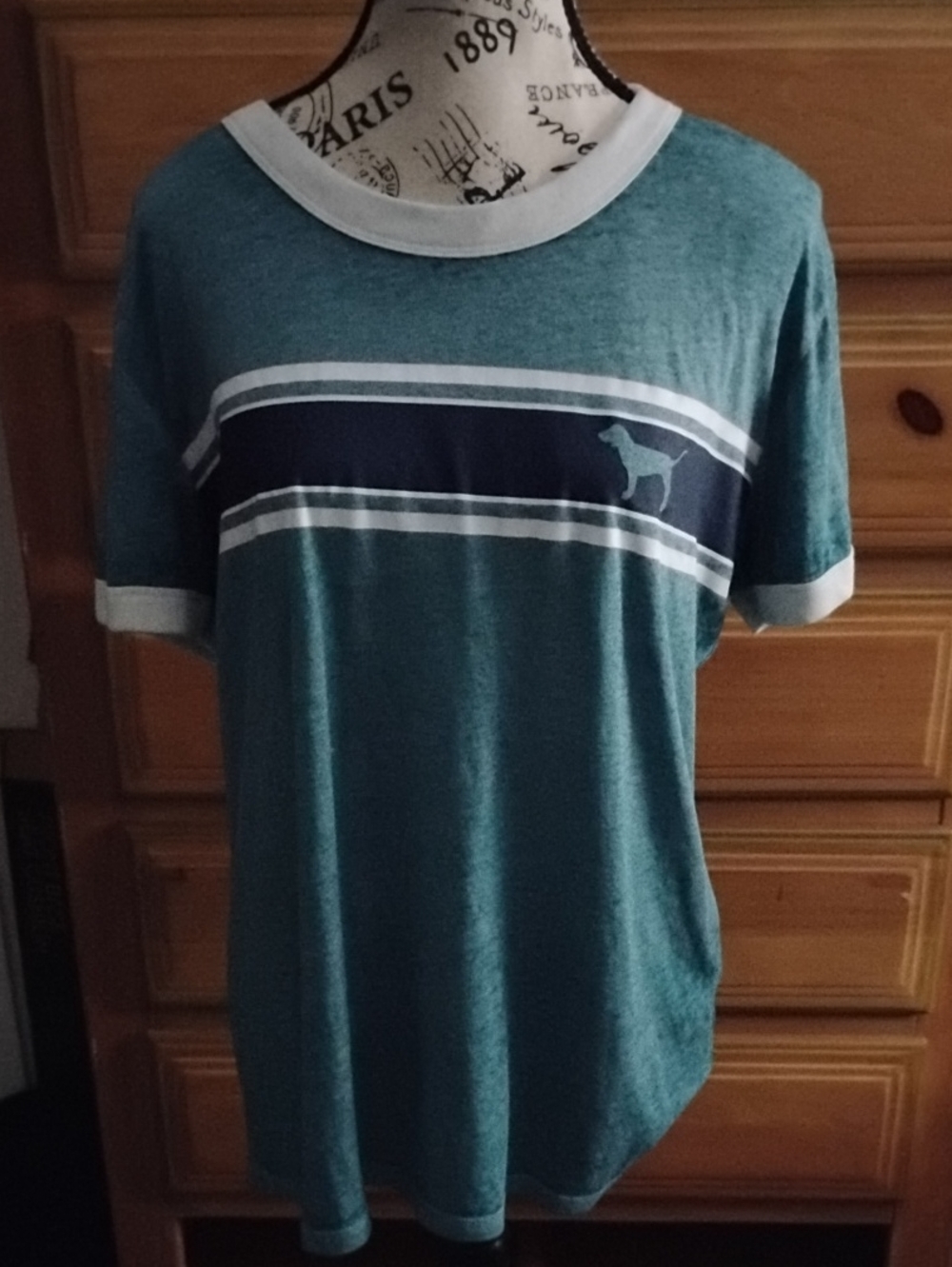 PINK Victoria's Secret Teal Short‑Sleeve Tee with Navy Stripe and Dog Logo